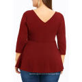 Gray Hollow Out O-neck 3/4Sleeve Peplum Plus Size Women Casual Blouses